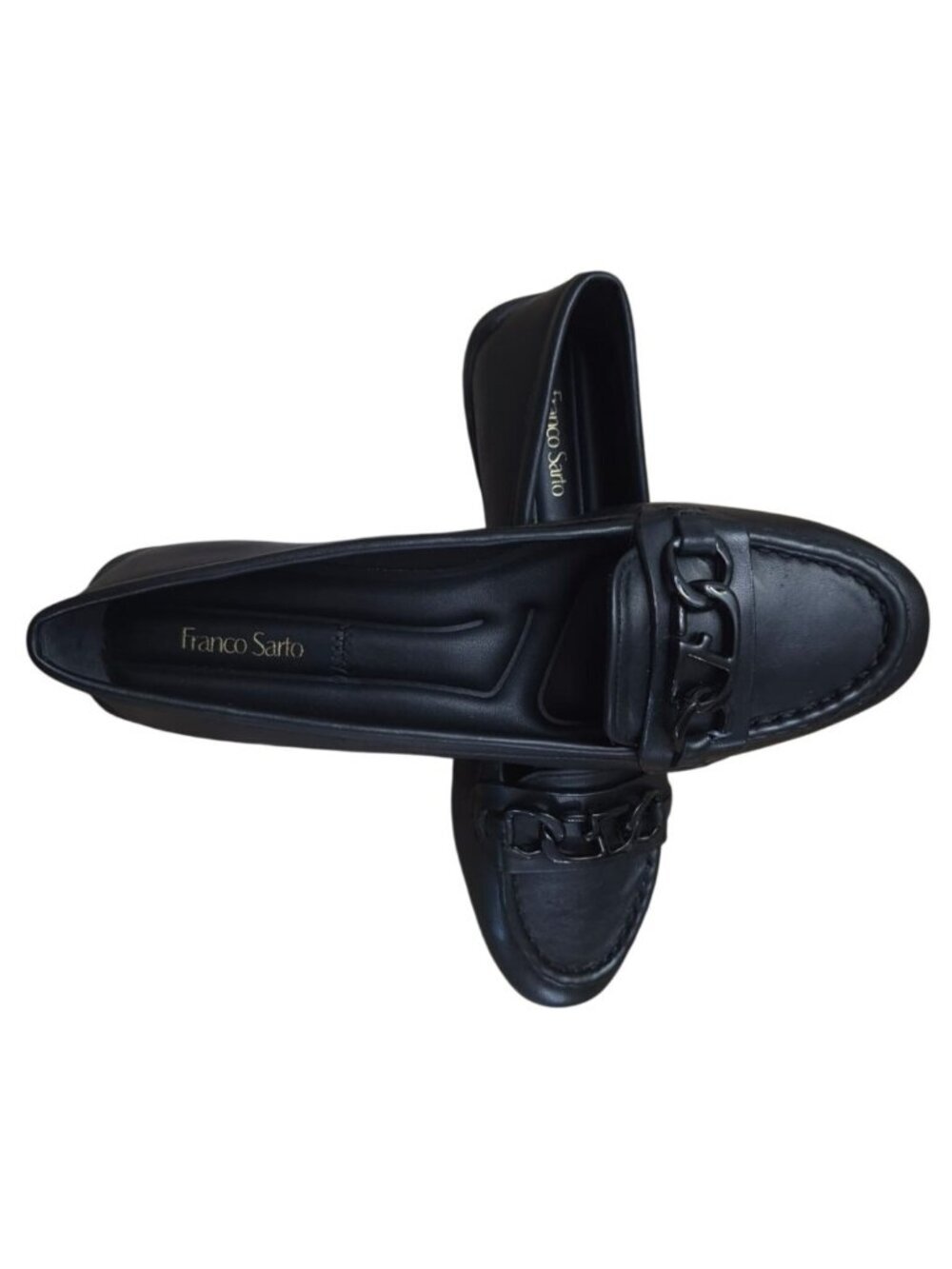 Franco Sarto Womens Black Leather Loafers Size 8M Chain Detail Slip On New Box.